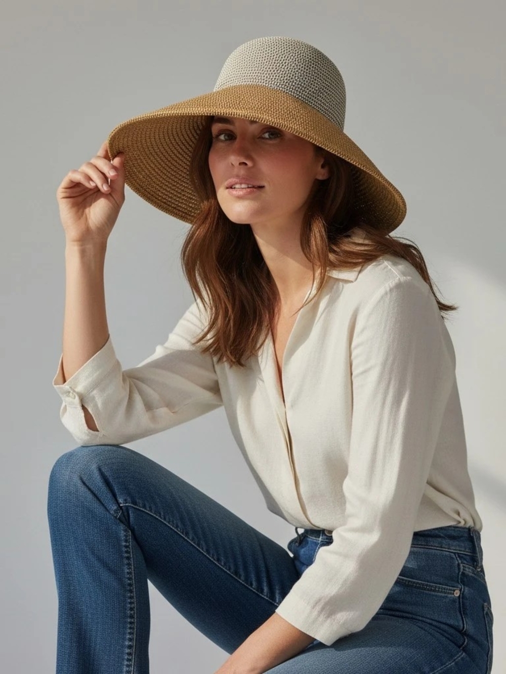 BCBGMaxAzria Two-Tone Wide Brim Straw Sun Hat in White and Brown
